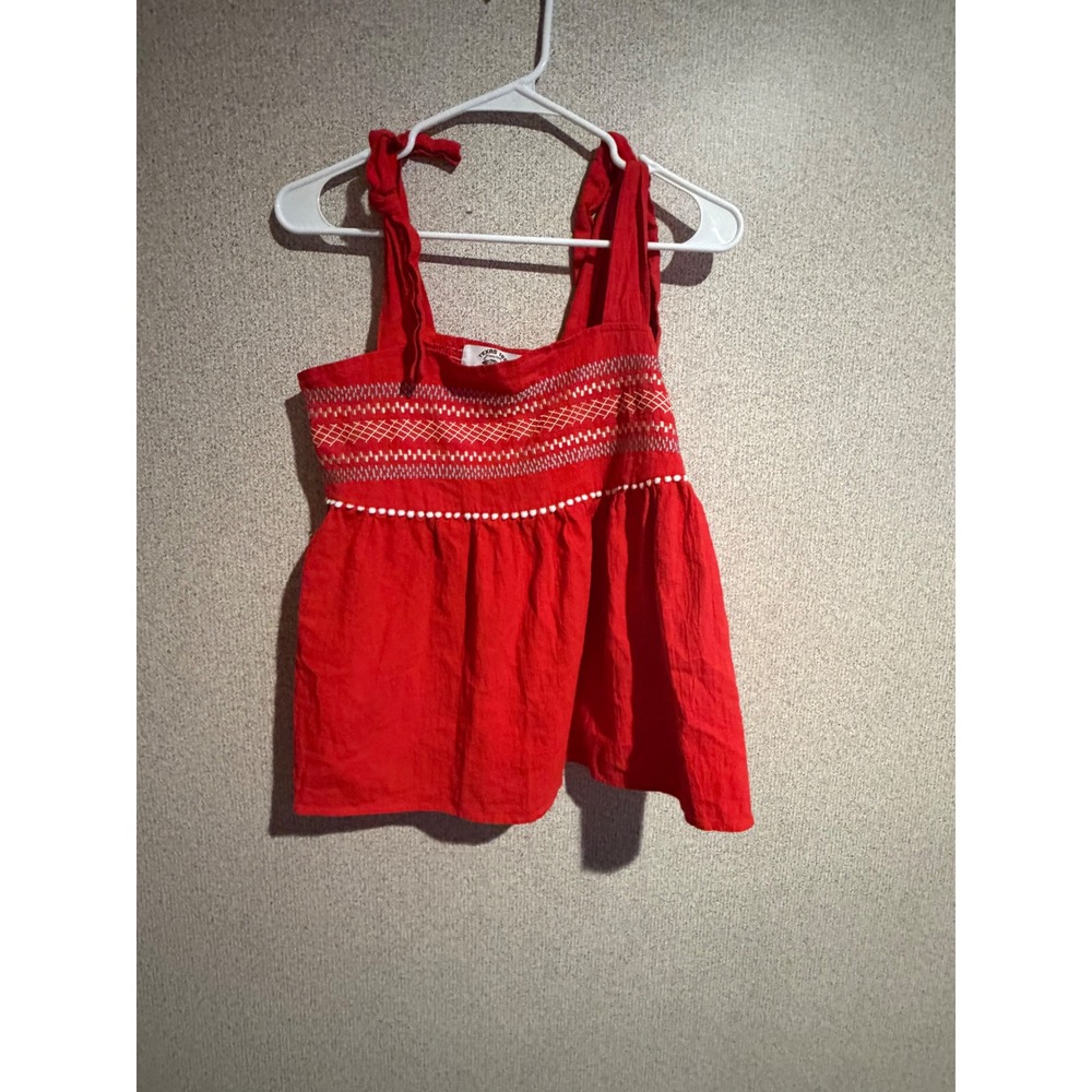 Texas 1881 Red Smocked Embroidered Tie Strap Pom Pom Cotton Tank Top Womens M